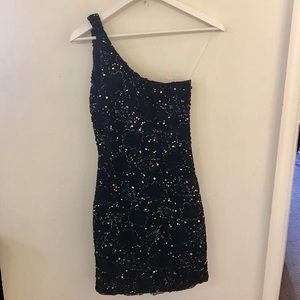 Navy blue and gold one shoulder bodycon dress